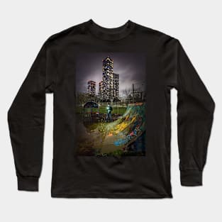 Man on Phone in Urban Park with Skyscrapers Long Sleeve T-Shirt